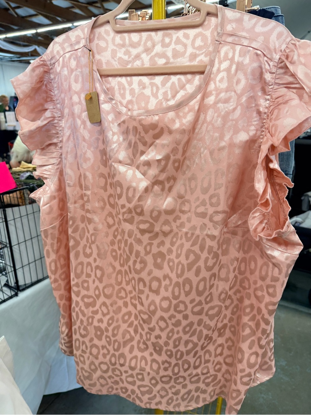 Women's Blush Pink Leopard Ruffle Sleeve Top
